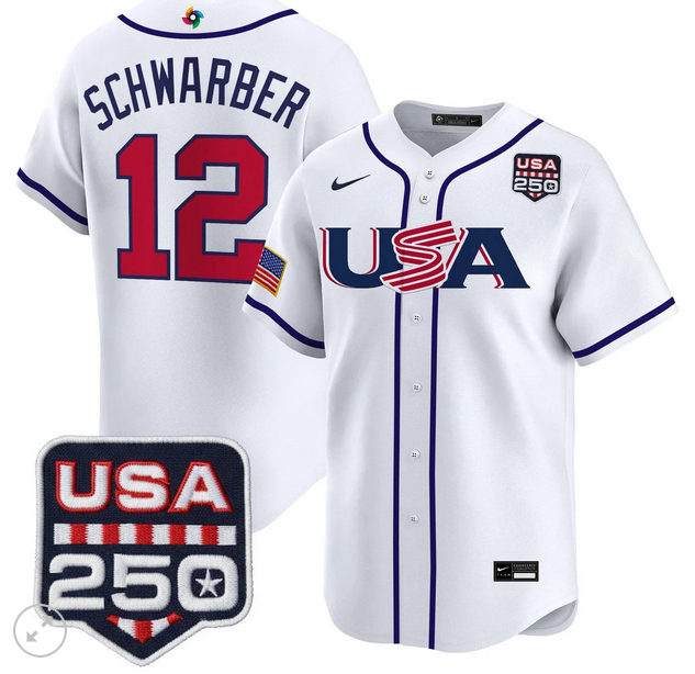 Men Team USA World Baseball Classic 250 America Patch #12 Kyle Schwarber white 2026 MLB Jersey Jersey
